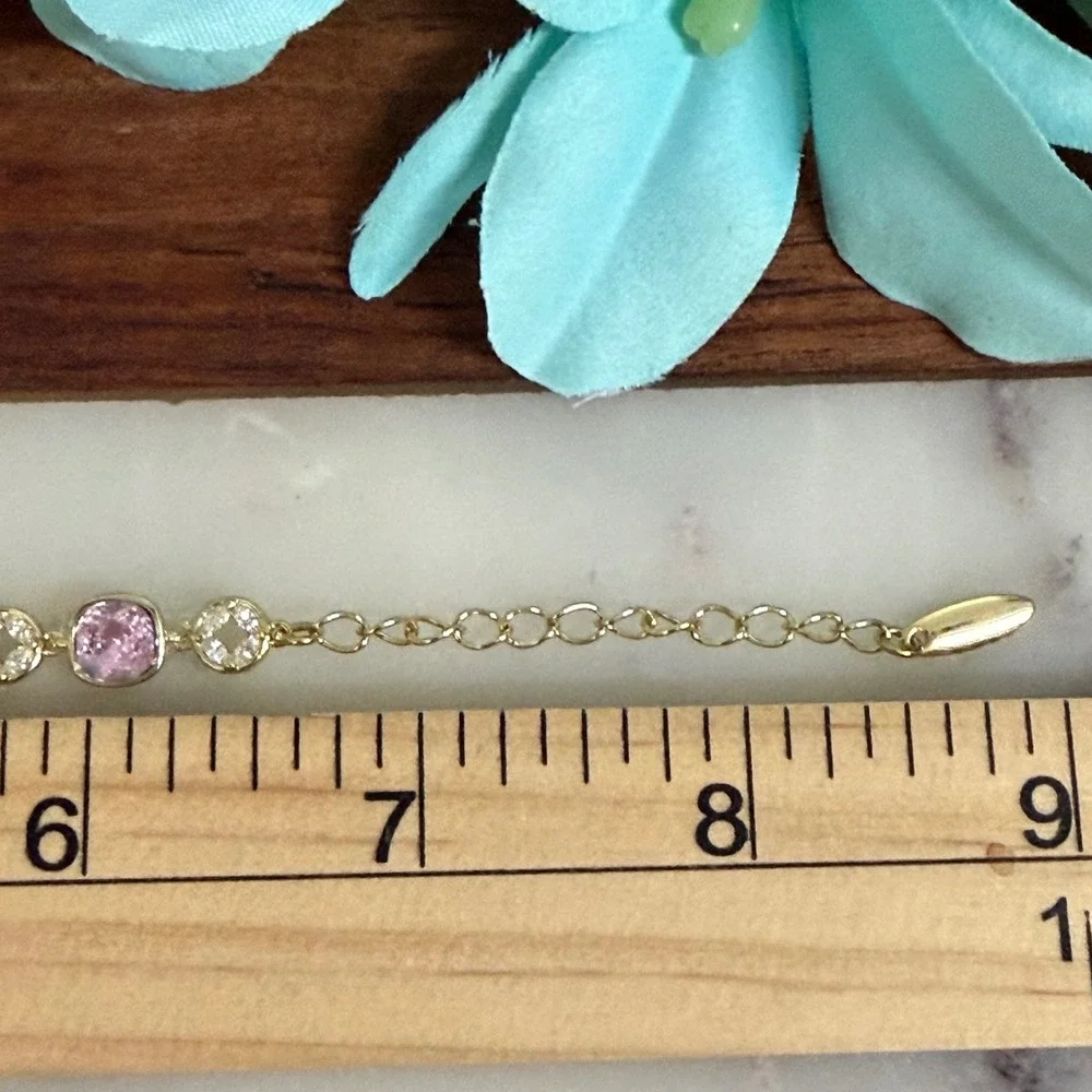 14K Gold Plated XP Pink Crystal Gold Tone Pave Link Bracelet Adjustable
